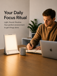 The Focus Light with Calm Sound on a wooden desk — warm 3000K light mode